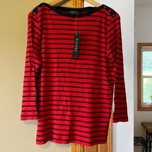 Ralph Lauren red/ navy striped long sleeved shirt. New with tags
